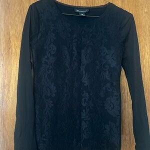 INC International Concepts Black Long Sleeve Floral Jacquard Tee